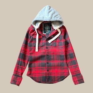Superdry Red Thick Flannel Shirt With Removable Hoodie